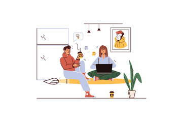 Creative agency concept with people scene in flat cartoon style. Colleagues work on the development of new creative projects in an art atmosphere. Vector illustration.