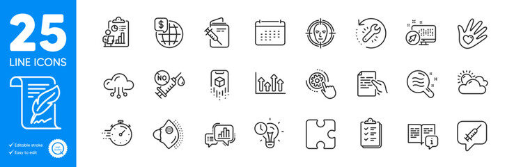Outline icons set. Timer, Coronavirus vaccine and Recovery tool icons. Medical mask, Augmented reality, Feather web elements. World money, Calendar, Cogwheel settings signs. Manual. Vector
