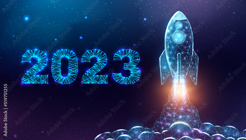 Aufkleber rocket launch, wireframe polygonal style. 2023 start concept with glowing low poly rocket. futuristi