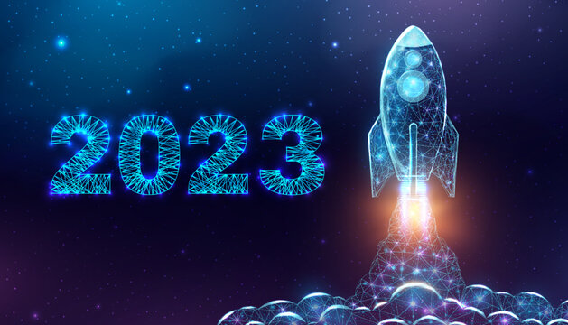 Rocket launch, wireframe polygonal style. 2023 start concept with glowing low poly rocket. Futuristic modern abstract background. Vector illustration.