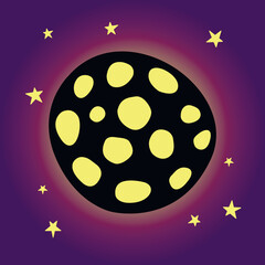 Moon, planet, satellites, space object. Vector color clip art, design element, icon on the theme of cosmos, night sky, UFO