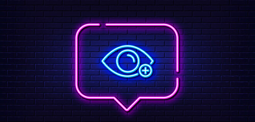 Neon light speech bubble. Farsightedness line icon. Eye diopter sign. Optometry vision symbol. Neon light background. Farsightedness glow line. Brick wall banner. Vector