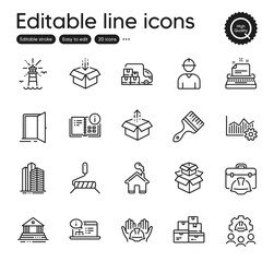 Set of Industrial outline icons. Contains icons as Home, Send box and Packing boxes elements. Open door, Court building, Engineer web signs. Engineering team, Instruction info. Vector