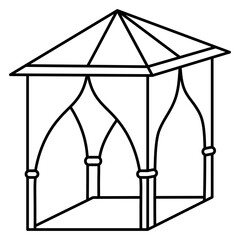 Gazebo for outdoor recreation. Sketch. Tent with roof and curtains. Vector illustration. Outline on isolated background. Coloring. Doodle style. Idea for web design.