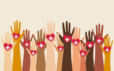 Hands of people with different skin colors, different nationalities and religions. Activists, feminists and other communities fight for equality. Horizontal background with copy space. 