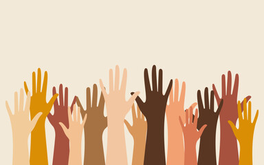 Obraz premium Hands of people with different skin colors, different nationalities and religions. Activists, feminists and other communities fight for equality. Horizontal background with copy space. Vector.