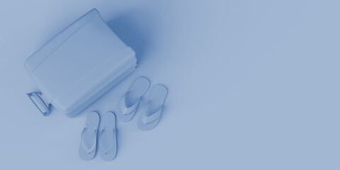 Suitcase with flip-flops. Summer concept. Copy space. 3D illustration.