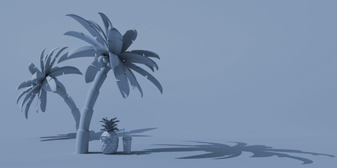Fototapeta na wymiar Summer concept with pineapple with sunglasses and soda with straw under tropical palm trees. Copy space. 3D illustration.