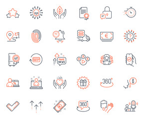 Business icons set. Included icon as Refund commission, Hold heart and 360 degree web elements. Certified refrigerator, Blood, Fake news icons. Fingerprint, Online education, Stars web signs. Vector