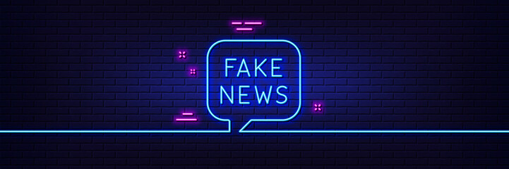 Fototapeta na wymiar Neon light glow effect. Fake news line icon. Propaganda conspiracy chat sign. Wrong truth symbol. 3d line neon glow icon. Brick wall banner. Fake news outline. Vector