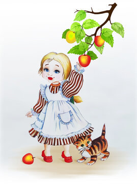 Little girl in retro style with apples and kitten