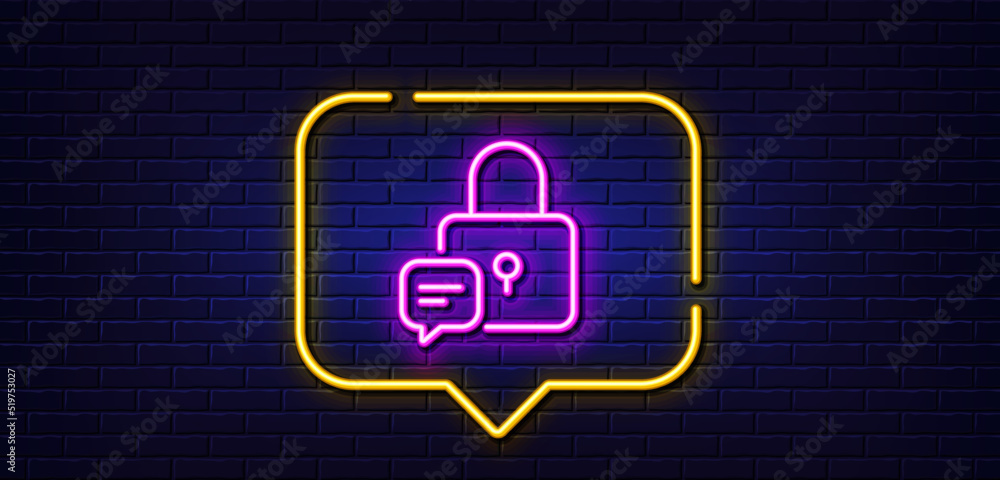 Poster neon light speech bubble. lock line icon. padlock with chat bubble sign. message protection symbol. 