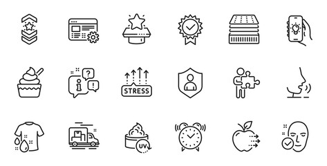 Outline set of Ice cream, Puzzle and Food delivery line icons for web application. Talk, information, delivery truck outline icon. Include Web settings, Security, Wash t-shirt icons. Vector