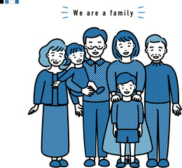 仲良しなファミリー 家族3世代イラスト_青系ドット