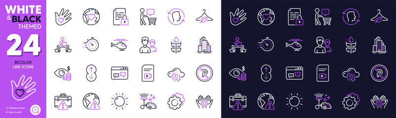 Employee hand, Social responsibility and Business vision line icons for website, printing. Collection of No parking, Settings gears, Timer icons. Vacuum cleaner, Warning briefcase. Vector