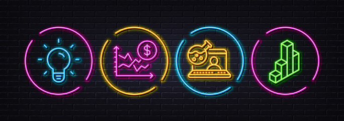 Online chemistry, Light bulb and Dollar rate minimal line icons. Neon laser 3d lights. 3d chart icons. For web, application, printing. Lab flask, Lamp energy, Currency trade. Vector