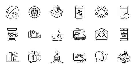 Outline set of Fingerprint, Smartphone buying and Open box line icons for web application. Talk, information, delivery truck outline icon. Include Recovery phone, Face id, Approved mail icons. Vector