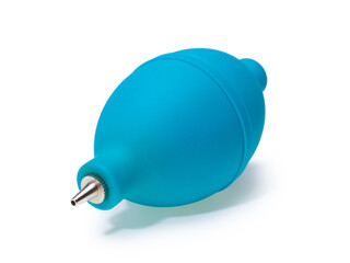 Dust blower for cleaning dust from the camera, lens, electronics. Blue color. Isolated on white...