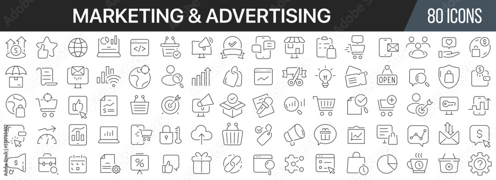 Poster marketing and advertising line icons collection. big ui icon set in a flat design. thin outline icon