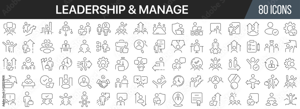 Poster Leadership and manage line icons collection. Big UI icon set in a flat design. Thin outline icons pack. Vector illustration EPS10
