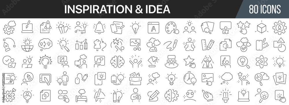 Poster inspiration and idea line icons collection. big ui icon set in a flat design. thin outline icons pac