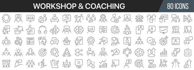 Workshop and coaching line icons collection. Big UI icon set in a flat design. Thin outline icons pack. Vector illustration EPS10 - obrazy, fototapety, plakaty