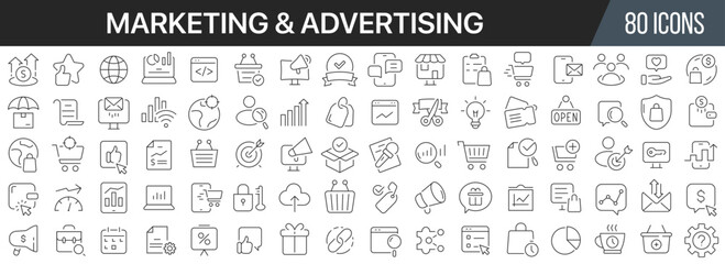 Marketing and advertising line icons collection. Big UI icon set in a flat design. Thin outline icons pack. Vector illustration EPS10
