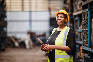 confident Latin female engineer smiling while her holding worksheet in factory