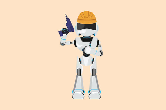 Business design drawing robot repairman worker holding electric drill tool for work repair. Builder fixing home cupboard interior. Future technology development. Flat cartoon style vector illustration