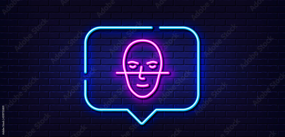 Poster neon light speech bubble. face recognition line icon. faces biometrics sign. head scanning symbol. n