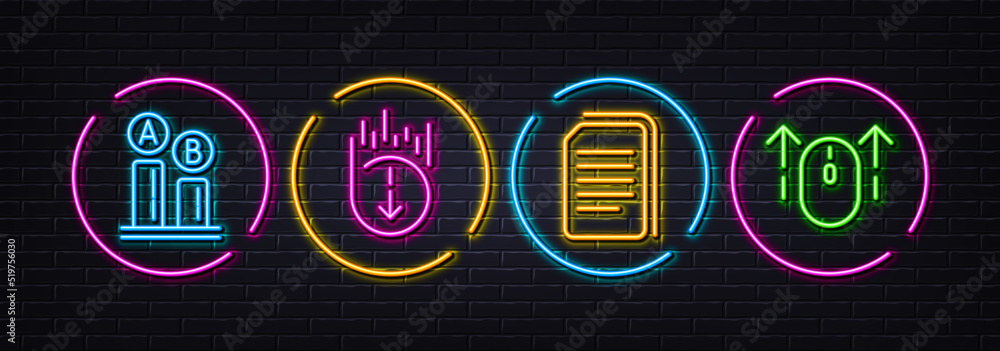 Poster copy files, scroll down and ab testing minimal line icons. neon laser 3d lights. swipe up icons. for