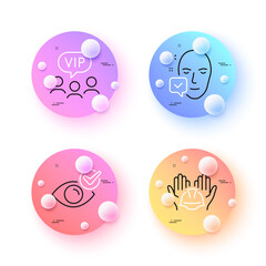 Face accepted, Builders union and Check eye minimal line icons. 3d spheres or balls buttons. Vip clients icons. For web, application, printing. Access granted, Engineer helmet, Vision. Vector