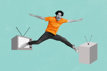 Collage image of overjoyed guy black white effect jump between two tv isolated on drawing background
