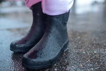 Close up of galoshes on a rainy day