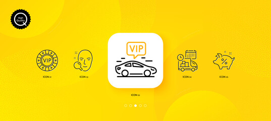 Fototapeta na wymiar Face search, Vip transfer and Vip chip minimal line icons. Yellow abstract background. Loan percent, Delivery icons. For web, application, printing. Vector