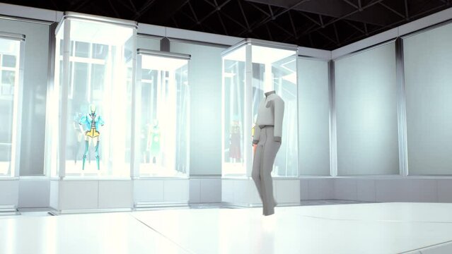 3D fashion show: virtual model walking by the podum. Fashionable grey dress. 3D Rendering