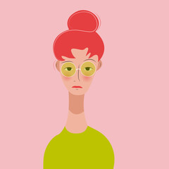 sad woman with red hair in yellow glasses