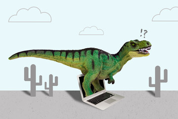 Creative collage illustration of dinosaur laptop display screen think exclamation question mark...