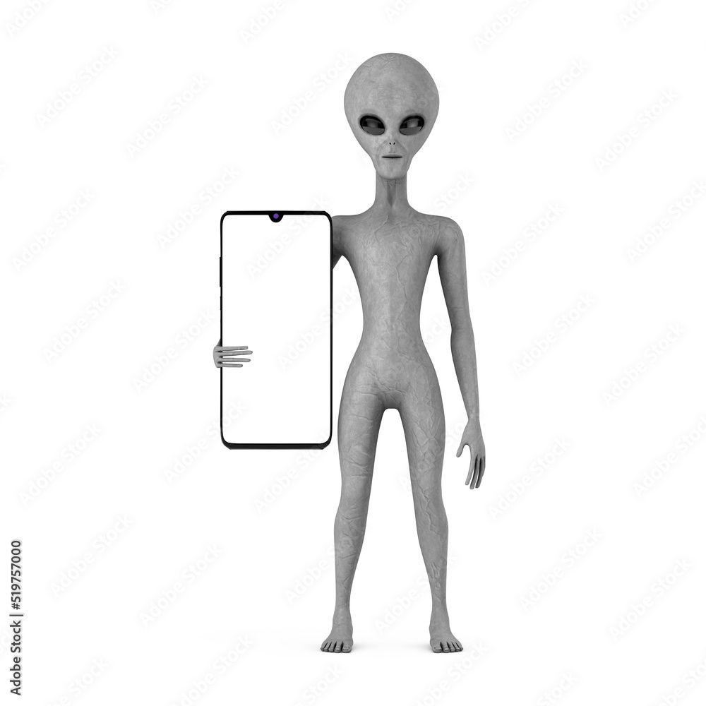 Aufkleber scary gray humanoid alien cartoon character person mascot and modern mobile phone with blank screen 