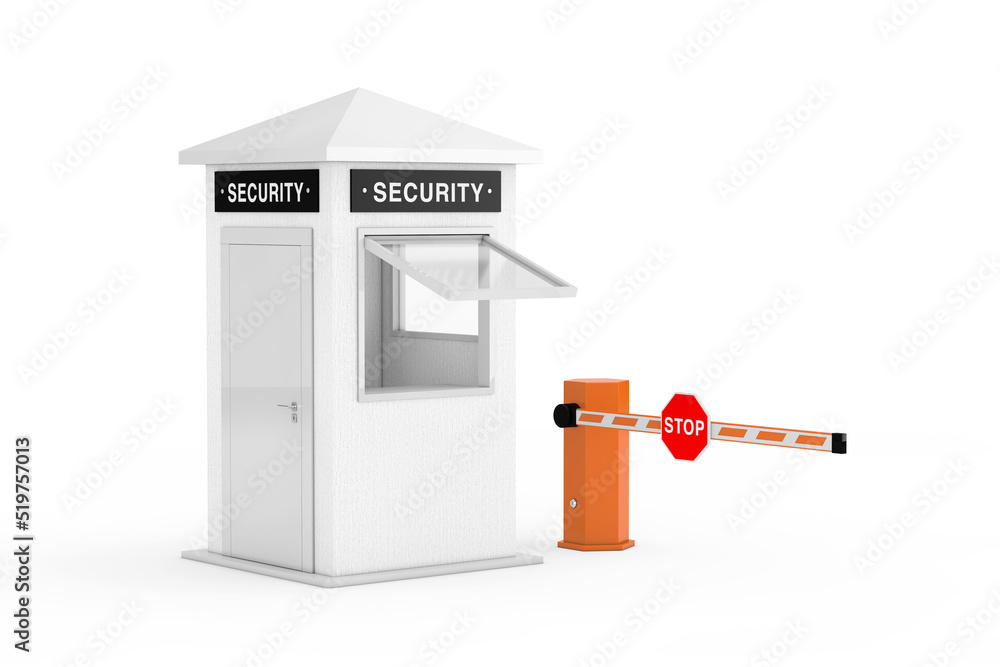 Poster road car barrier and security zone booth with security sign. 3d rendering