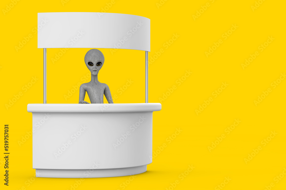 Poster scary gray humanoid alien cartoon character person mascot and blank promotion stand with free space 