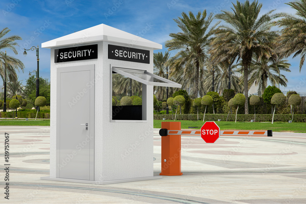 Poster road car barrier and security zone booth with security sign in empty city street with palm trees. 3d