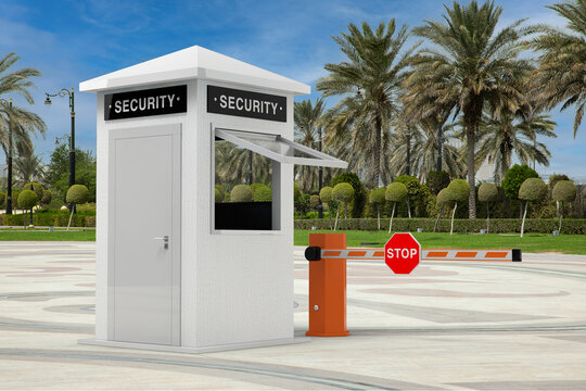 Road Car Barrier and Security Zone Booth with Security Sign in Empty City Street with Palm Trees. 3d Rendering