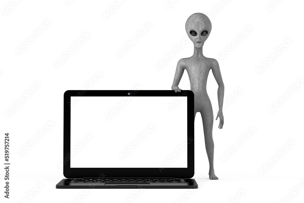 Leinwandbilder Scary Gray Humanoid Alien Cartoon Character Person Mascot with Modern Laptop Computer Notebook and Blank Screen for Your Design. 3d Rendering