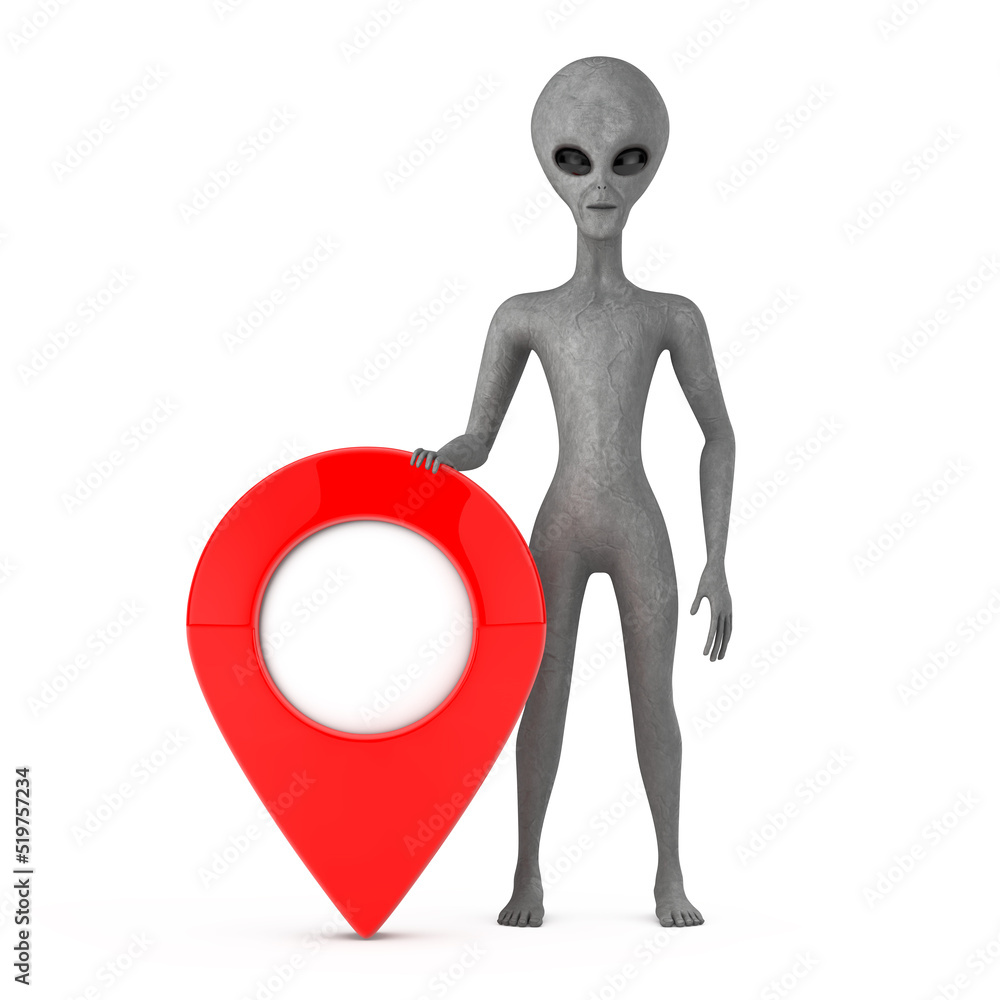 Leinwandbilder Scary Gray Humanoid Alien Cartoon Character Person Mascot with Red Map Pointer Target Pin. 3d Rendering