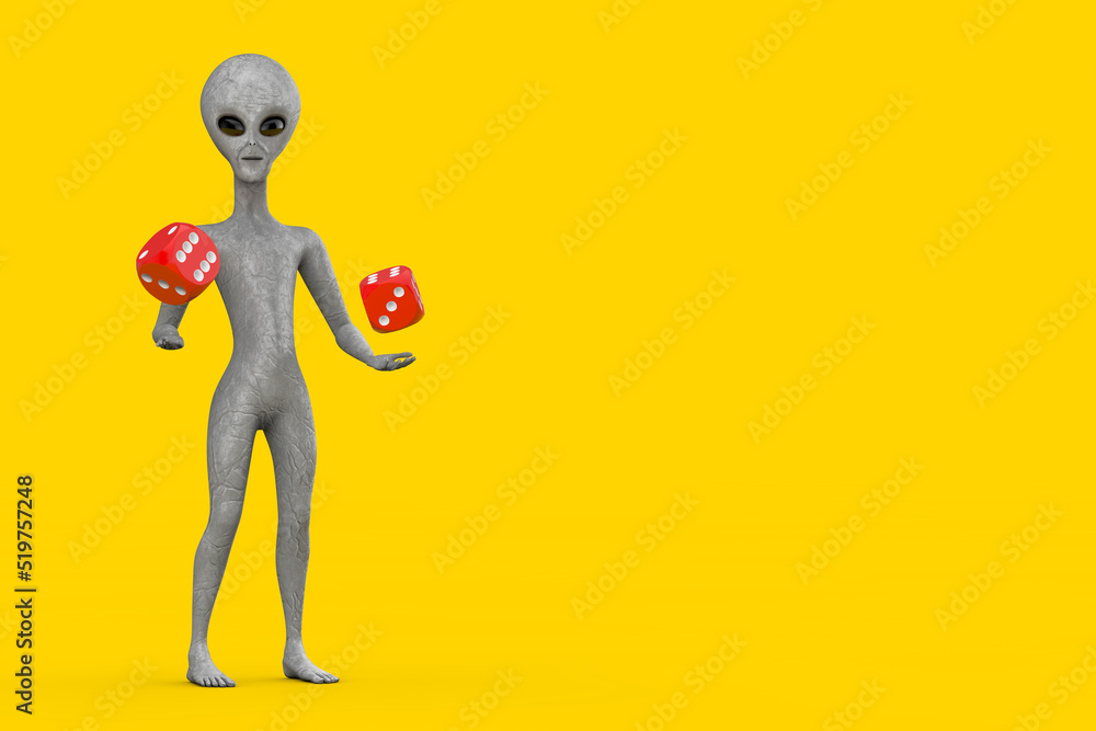 Poster scary gray humanoid alien cartoon character person mascot with red game dice cubes in flight. 3d ren