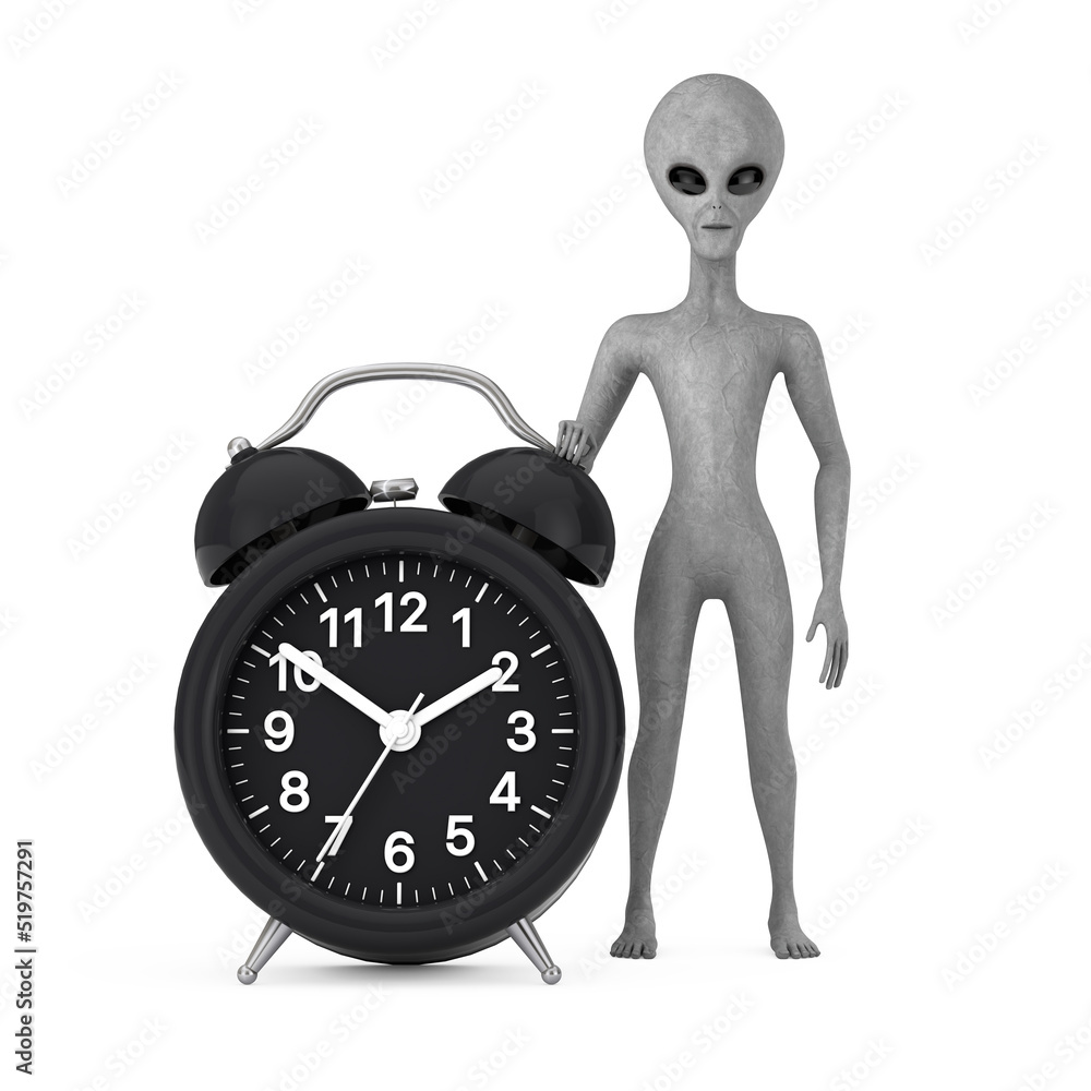 Poster scary gray humanoid alien cartoon character person mascot with alarm clock. 3d rendering