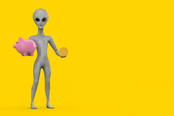 Scary Gray Humanoid Alien Cartoon Character Person Mascot with Piggy Bank and Golden Dollar Coin. 3d Rendering
