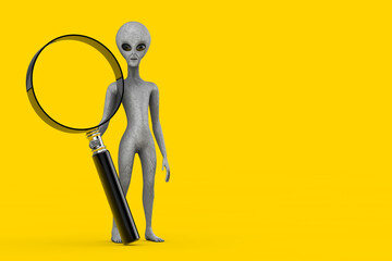 Scary Gray Humanoid Alien Cartoon Character Person Mascot with Magnifying Glass. 3d Rendering