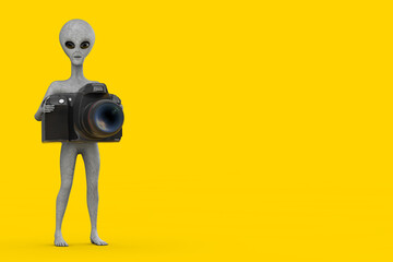 Scary Gray Humanoid Alien Cartoon Character Person Mascot with Modern Digital Photo Camera. 3d Rendering